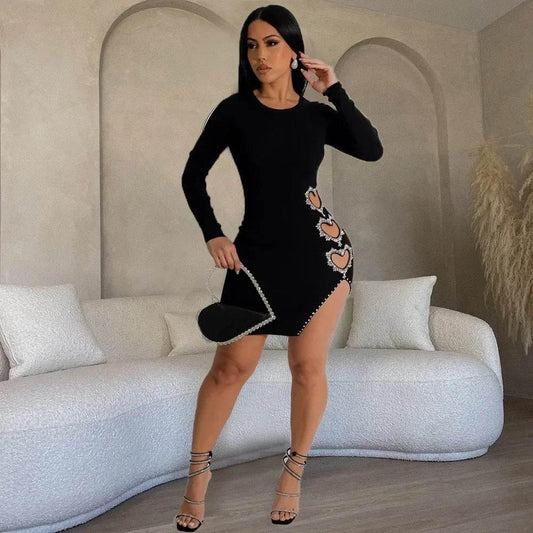 Spring Summer New Women's Solid Color Hollowed Heart Shape Rhinestone round Neck Long Sleeve Mini Skirt - Empire P.E