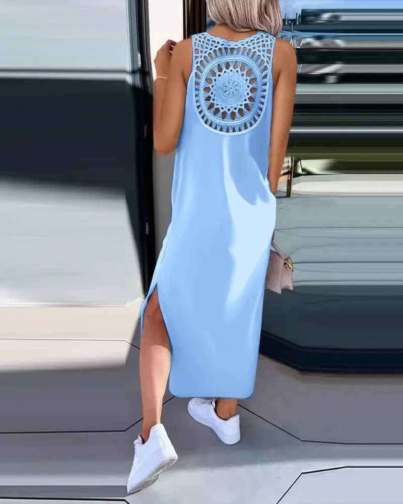 Hollow Out Solid Long Dress Women Fashion Sleeveless - Empire P.E