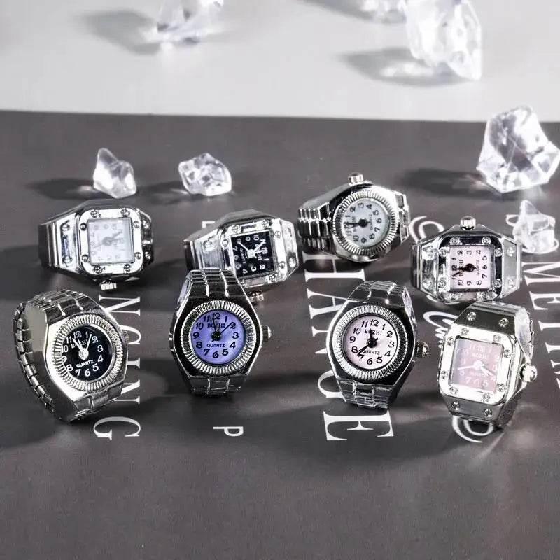 Vintage Punk Finger Watch Mini Elastic Strap Alloy Watches Couple Rings Jewelry Clock Retro Roman Quartz Watch Rings Women Men - Empire P.E