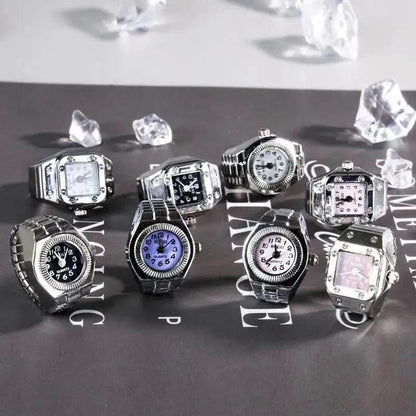 Vintage Punk Finger Watch Mini Elastic Strap Alloy Watches Couple Rings Jewelry Clock Retro Roman Quartz Watch Rings Women Men - Empire P.E