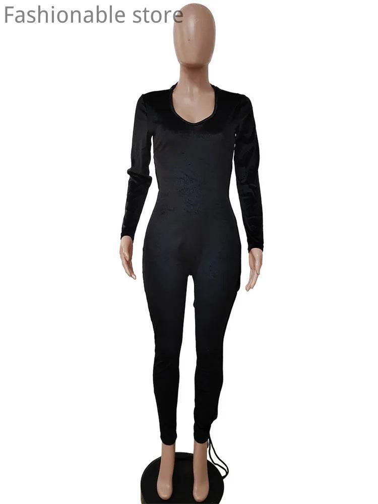 Women Sexy Velvet Lace-up Long Sleeve Backless Skinny Jumpsuit - Empire P.E