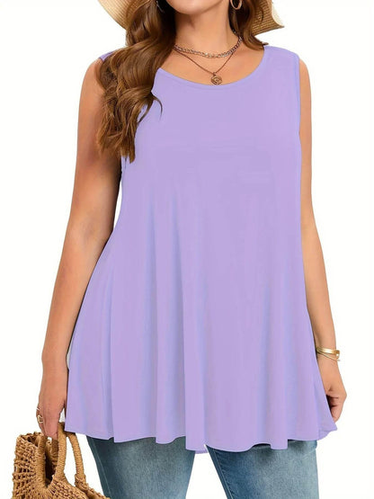 Plus Size Simple Solid Tank Top Casual Crew Neck Sleeveless Tank Top - Empire P.E