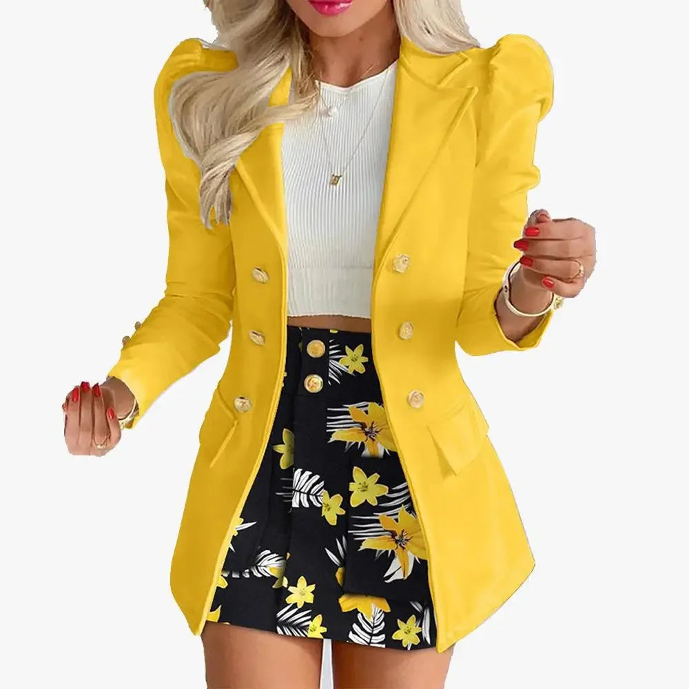 Women's Casual Floral Print Puff Sleeve Blazer Coat & Skirt Two Piece Suit - Empire P.E