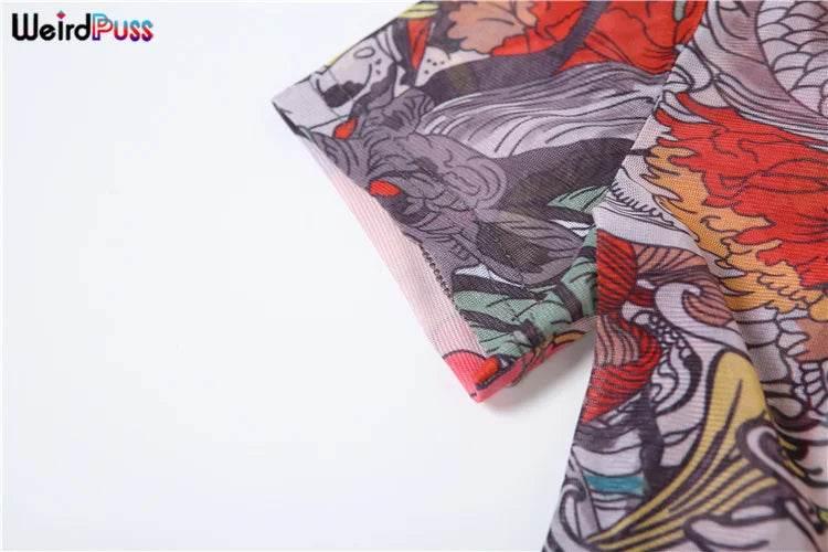 Weird Puss See Through Jumpsuit Women Backless Dragon Print Short Sleeve Fitness Activity Workout Overalls Slim Stretch Clubwear - Empire P.E