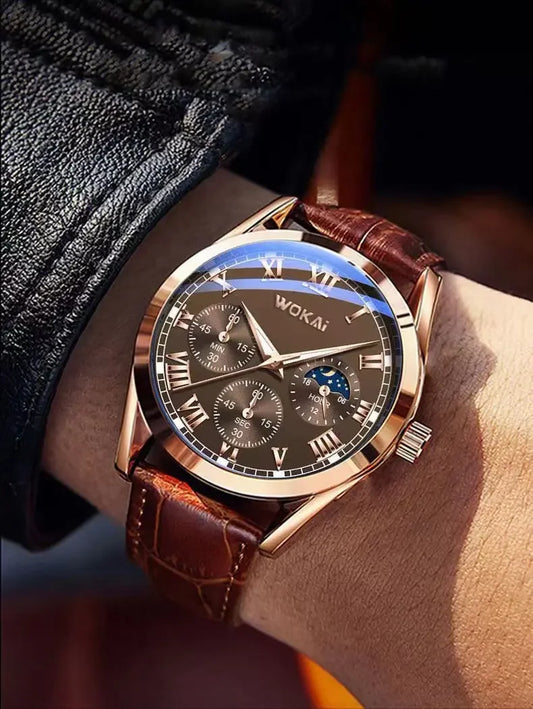 Fashion Business Three-Eye Roman Dial Bamboo Belt Quartz Watch - Empire P.E
