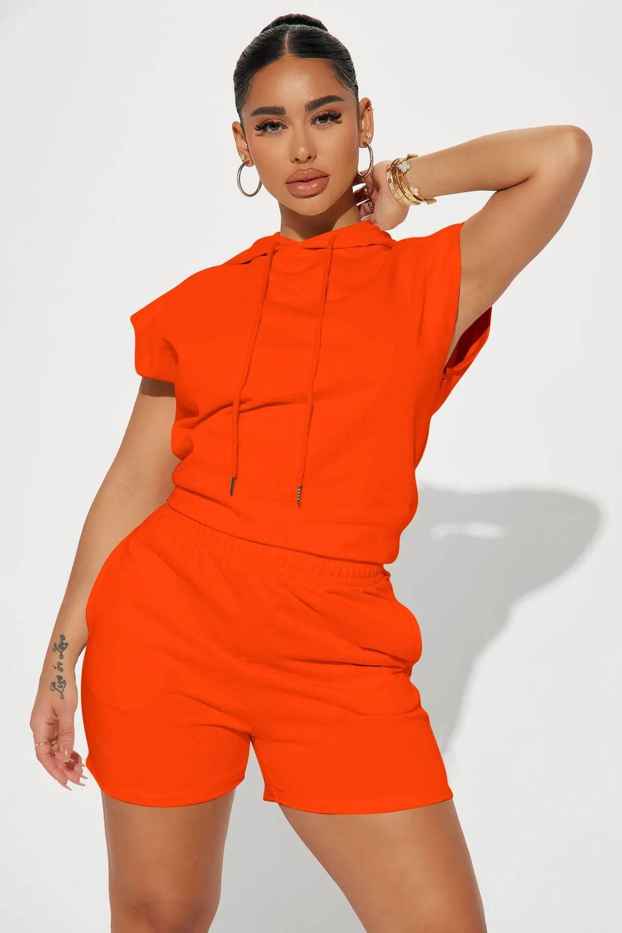 Summer 2024 Women's New Sexy Sleeveless Fashion Casual Sports Short Sleeved Hooded 3/4 Shorts Two Piece Set For Women - Empire P.E