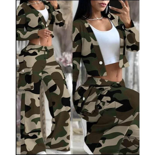Spring Autumn Solid Slim Suit Women Long Sleeve Single Button V-neck Short Coat Drawstring Mid Waist Pocket Wide-Leg Pants Suit - Empire P.E