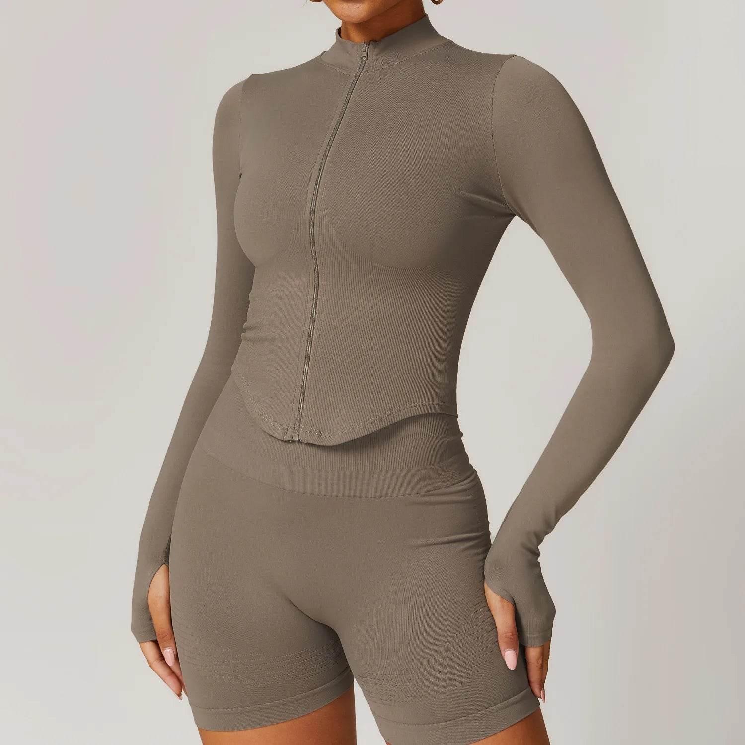 Women Seamless Zipper Jacket Yoga Long Sleeved Gym Top Ribbed Yoga Stand Collar Jacket Running Workout Sport Coat Women's Shirts - Empire P.E