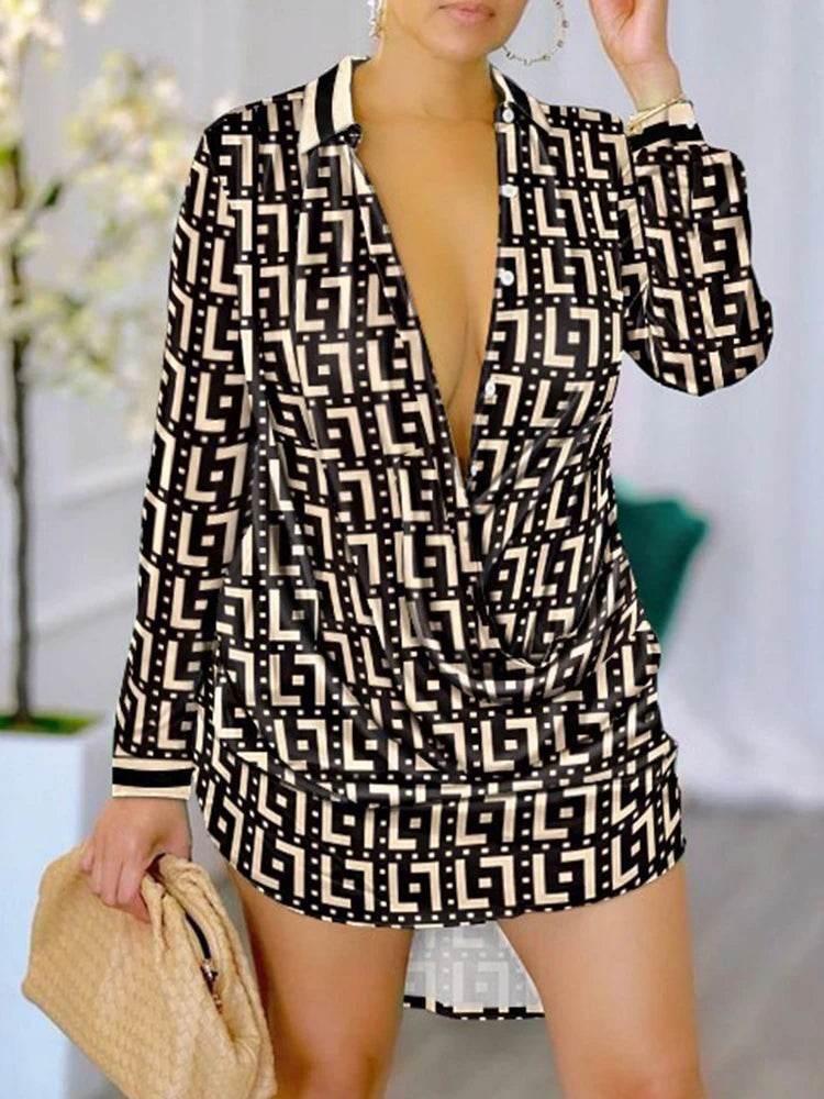 Print Long Sleeve Shirt Dress - Empire P.E