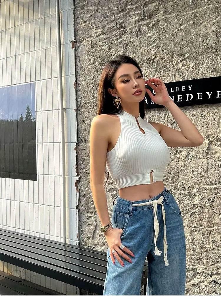 Women Sexy Tank Tops Chic Y2K Tops Halter Off Shoulder Tops Crop Tops Elastic Solid Tank Tops For Women Summer - Empire P.E