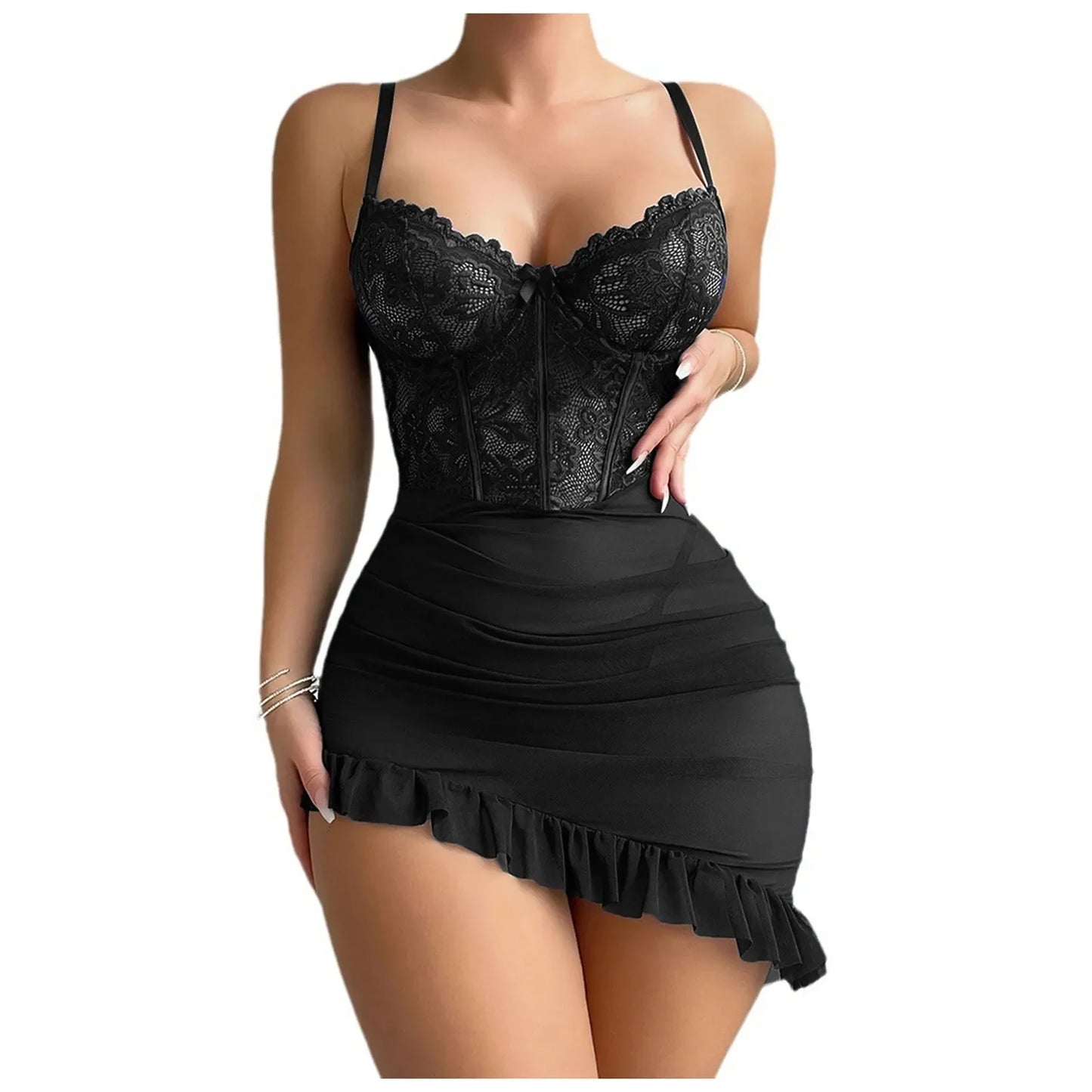 Transparent Underwire Bra Erotic Set Sexy Fairy Lingerie Women's See Through Lace Nightdress Pajamas Sets Delicate Sexy Nighty - Empire P.E