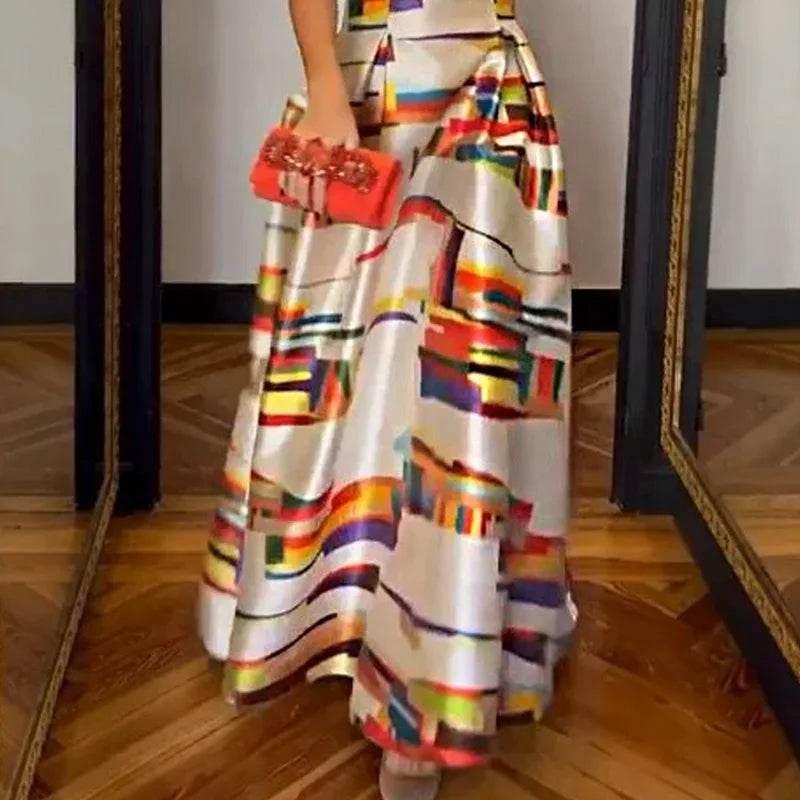 Elegant Printed O-Neck Evening Dress 2023 Sexy Hollow Sleeveless Waist Tank Dress New Casual Pleated Office Long Dress Vestidos - Empire P.E