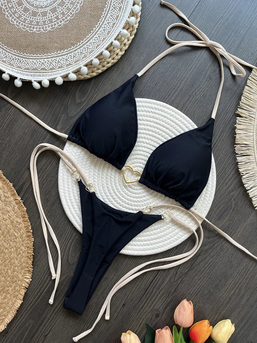 Metal Heart-shaped Halter Mini Micro Thong Bikini