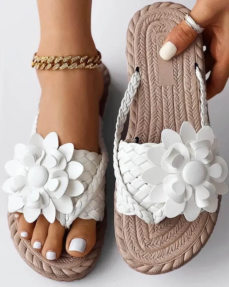 Slippers Women Ombre Floral Pattern Braided Casual Shoes Vacation Flat Holographic Braided Floral Pattern Toe Beach Flip Flops - Empire P.E