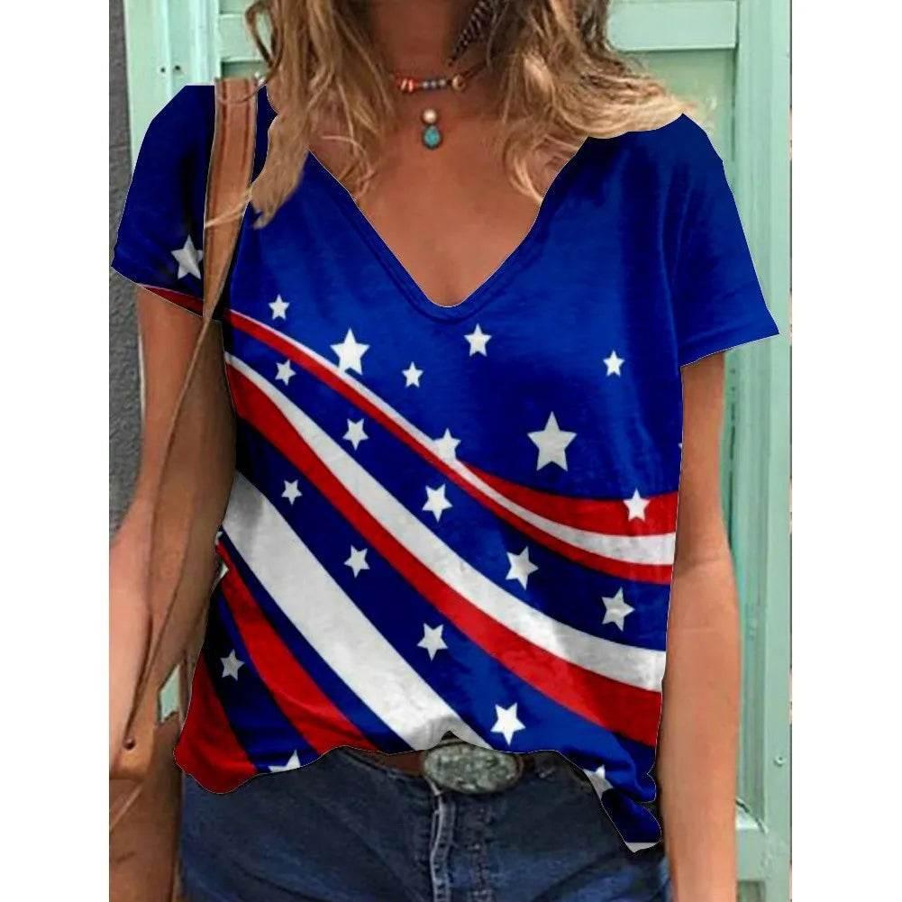 Fashion Women's T Shirt USA Flag Print Harajuku T-shirt Summer 2023 Top Kawaii Tees V Neck Pluse Size American Lady Y2k Clothing - Empire P.E