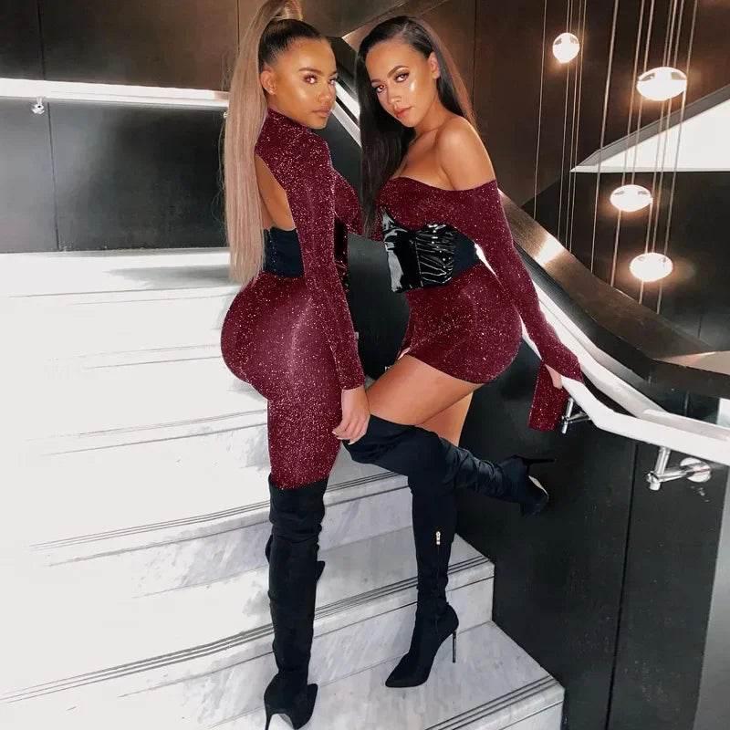 Sequins Silk Jumpsuits With Headwear 2024 Autumn Women Sexy Turtleneck Backless Long Sleeve Skinny Overalls Party Club Rompers - Empire P.E