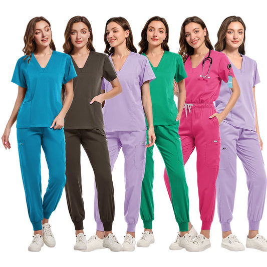 Two-piece Scrubs set Short Sleeve V Neck Pockets Drawstring Jogger Pants