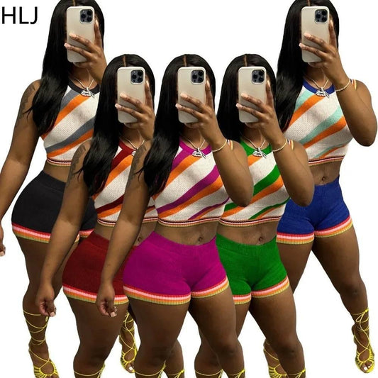HLJ Fashion Knitted Striped 2 Piece Sets Woman Outfit Slim O-neck Crop Top + Shorts Casual Crochet Tracksuits Female Clothing - Empire P.E