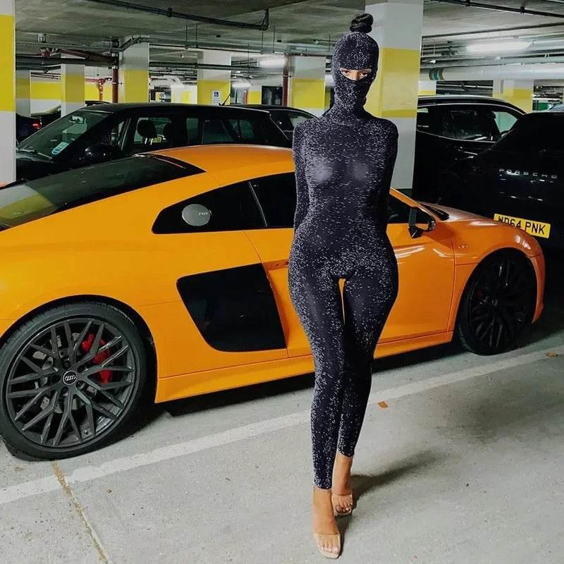 Sequins Silk Jumpsuits With Headwear 2024 Autumn Women Sexy Turtleneck Backless Long Sleeve Skinny Overalls Party Club Rompers - Empire P.E