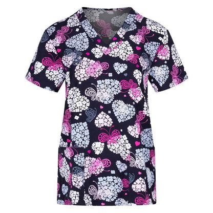Ladies Nurse Uniform Short Sleeve V-neck Workwear Flower Print Working Uniform - Empire P.E