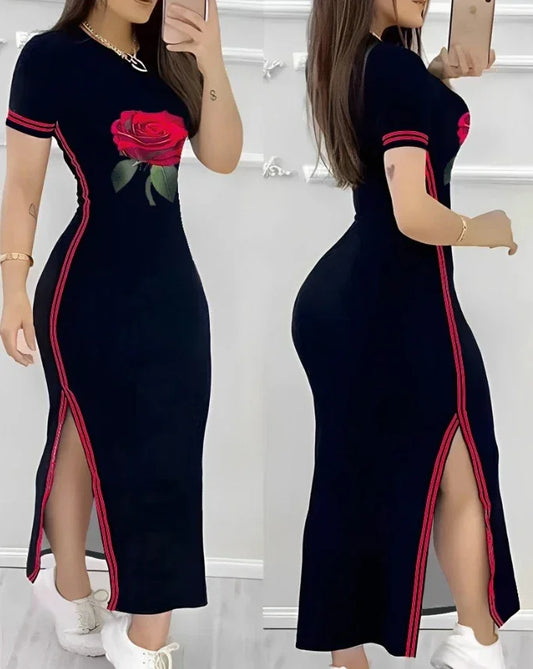 Womens Dresses 2024 Summer Fashion Striped Rose Print - Empire P.E