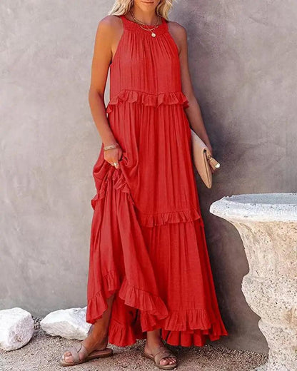 Women Casual Solid Ruffles Long Dress - Empire P.E