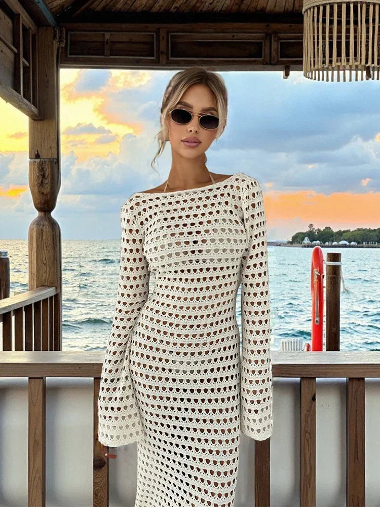 Sexy Knit Mesh Backless Beach Maxi Dress 2025