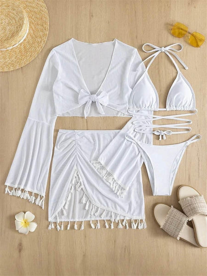 Sexy 4 Pieces Halter Bikinis Women Solid Swimwear Female Cover Up Swimsuit Long Sleeve And Skirt Bathing Suit Beachwear Summer - Empire P.E