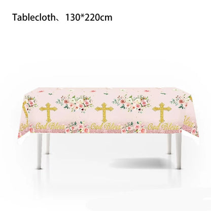 10Guests Pink Cross Baby Communion Party Supplies Flower God Bless Tableware Paper Plates Cups Baptismal Party Decor Baby Shower