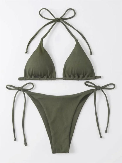 Women Solid Halter Push Up Bra Tie Side Triangle Swimsuit - Empire P.E