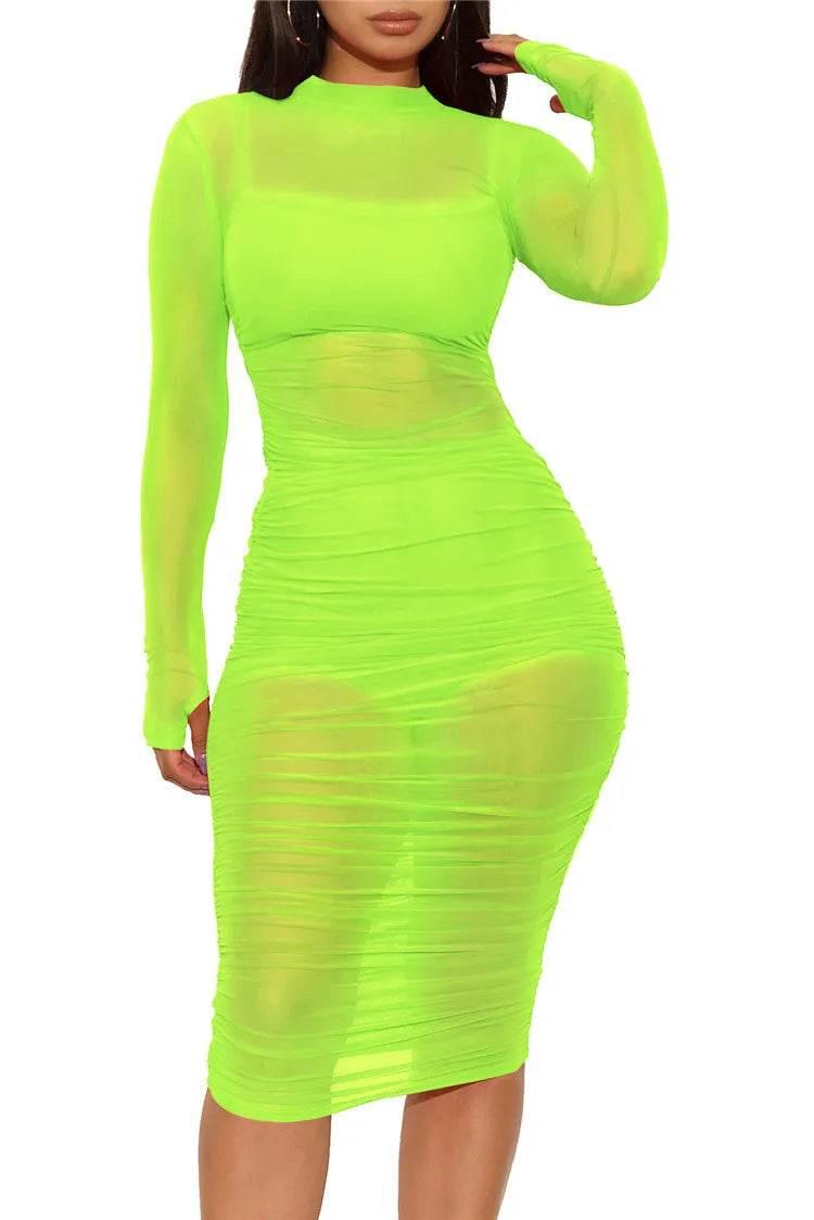 Women Mesh See Through 3 Piece Set Bodycon Ruched Cover Up Midi Dress+Camis+Shorts 3 Pieces Suits Sexy Night Club Party Outfits - Empire P.E