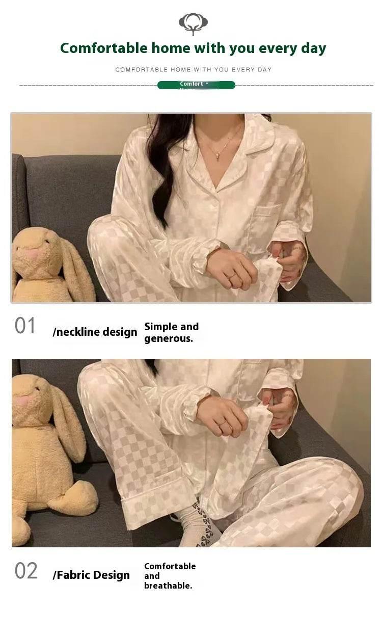 Plus Size Women Pajamas Set Long Sleeves Girl Home Wear Two-Piece Cardigan Solid Plaid Sleepwear Sexy Nightwear Autumn Winter - Empire P.E