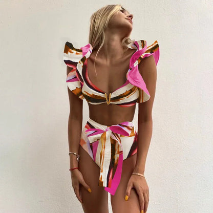 Two-Pieces Women Floral 2025 Push-Up Padded Bra Ruffles Bandage Bikini Set