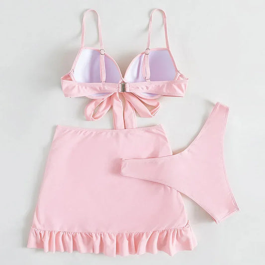 Cikini-Solid Bikini Set 3 Piece Bathing Suit