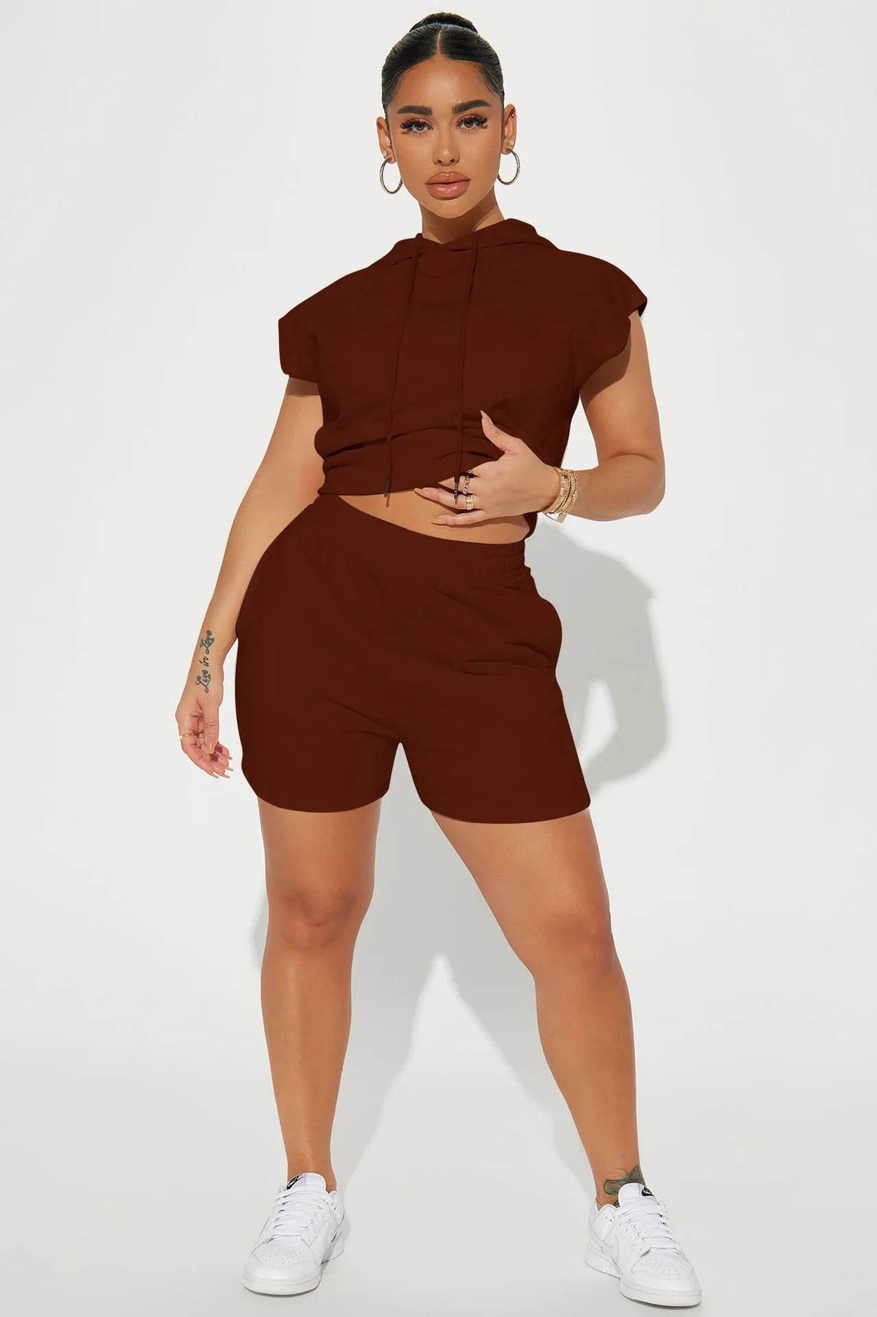 Summer 2024 Women's New Sexy Sleeveless Fashion Casual Sports Short Sleeved Hooded 3/4 Shorts Two Piece Set For Women - Empire P.E