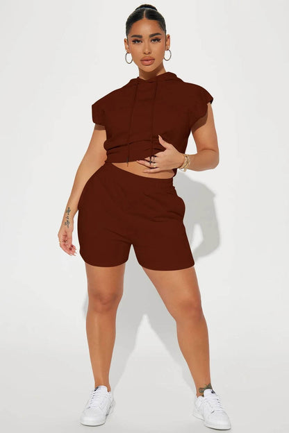 Summer 2024 Women's New Sexy Sleeveless Fashion Casual Sports Short Sleeved Hooded 3/4 Shorts Two Piece Set For Women - Empire P.E