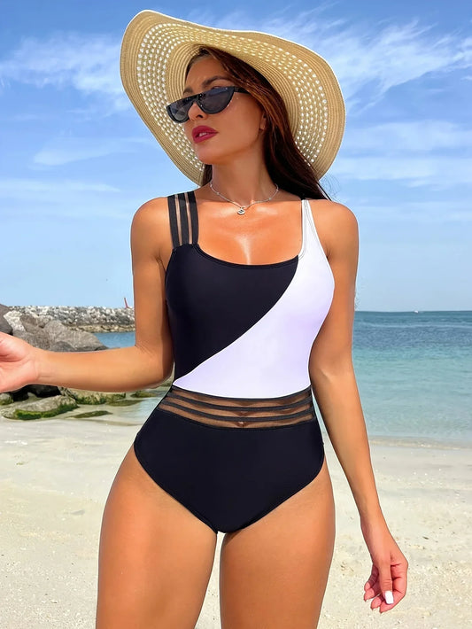 Women's one-piece swimsuit with high elasticity mesh fabric