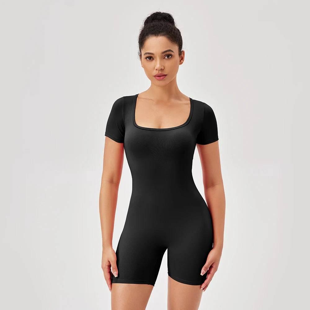 Fashion Women Yoga Suit Short Sleeve Gym Sports Jumpsuit Solid Color Workout Yoga Bodysuit Square Neck Yoga Set Sportswear - Empire P.E
