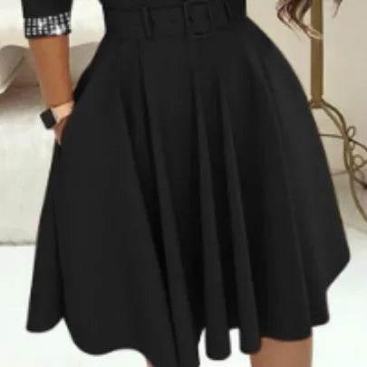 Dress for Women Streetwear 2023 Autumn and Winter Elegant Waist Wrapped Mid Long Sleeve Solid V-Neck Fashion Dresses with Belt - Empire P.E