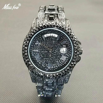Luxury Shiny Diamond Watch For Men Hip Hop Trendy Iced Out Quartz Watches High Quality Stainless Steel Waterproof Day Date Clock - Empire P.E