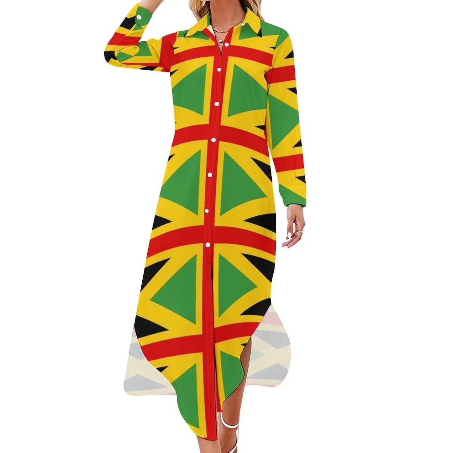 Patriotic Jamaica Flag Chiffon Dress Sexy V Neck Green Yellow Pretty Dresses Ladies Street Wear Casual Dress Gift - Empire P.E