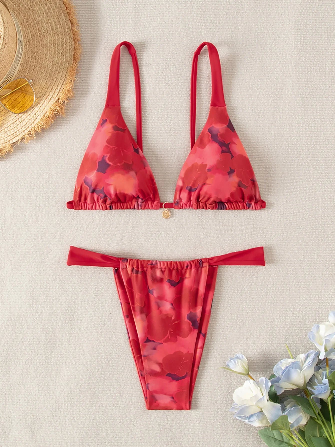 2026 new European and American triangle cup printed sexy bikini split swimsuit