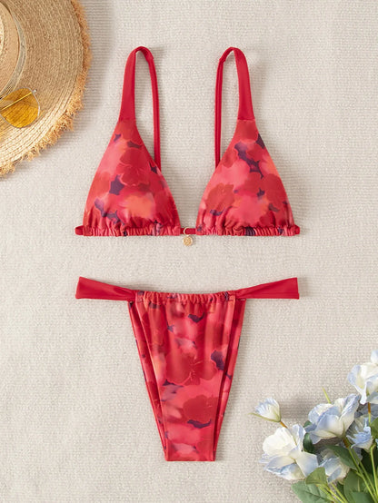 2026 new European and American triangle cup printed sexy bikini split swimsuit