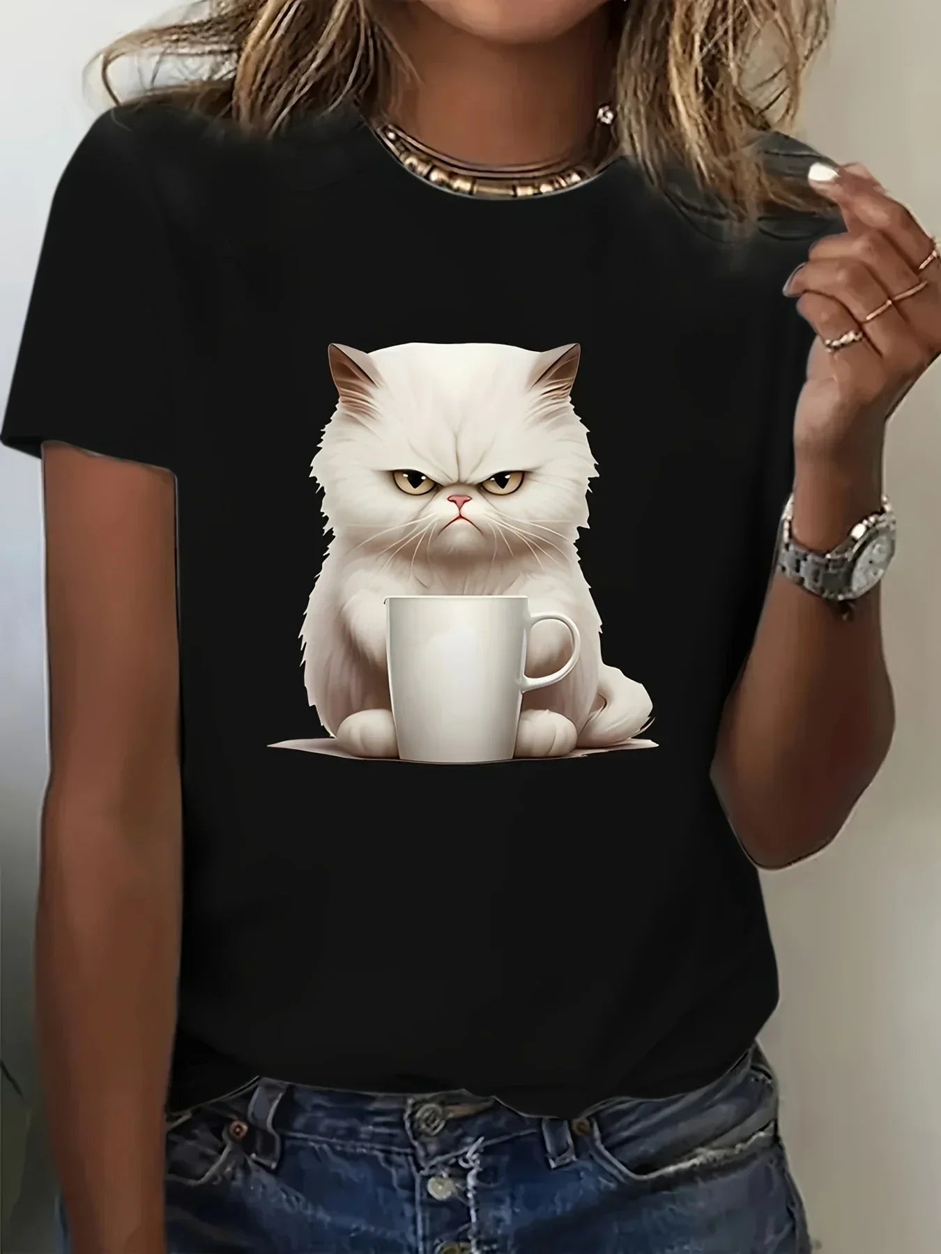 Angry Kitten Print Crew T-Shirt