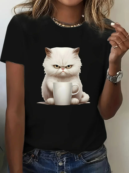 Angry Kitten Print Crew T-Shirt