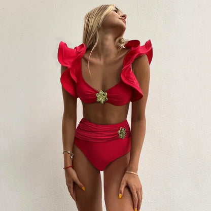 Two-Pieces Women Floral 2025 Push-Up Padded Bra Ruffles Bandage Bikini Set