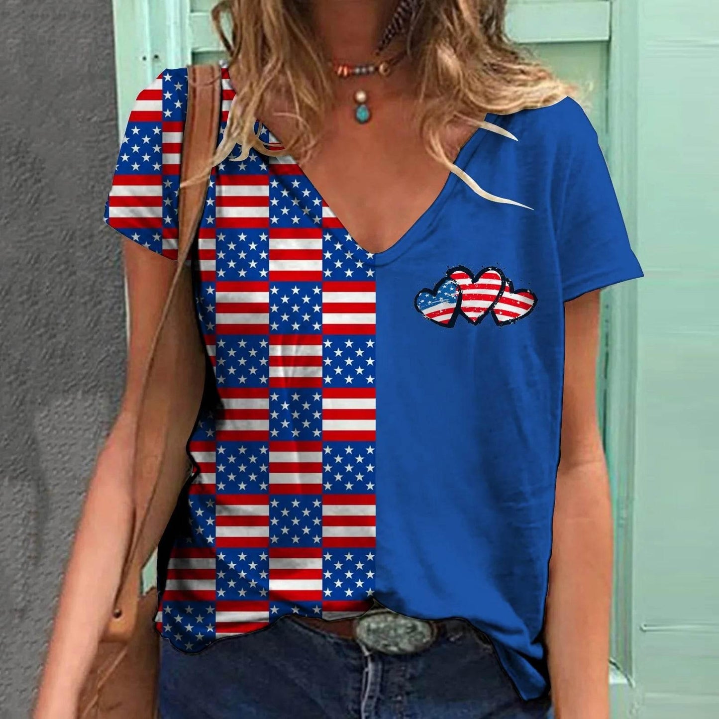 Fashion Women's T Shirt USA Flag Print Harajuku T-shirt Summer 2023 Top Kawaii Tees V Neck Pluse Size American Lady Y2k Clothing - Empire P.E