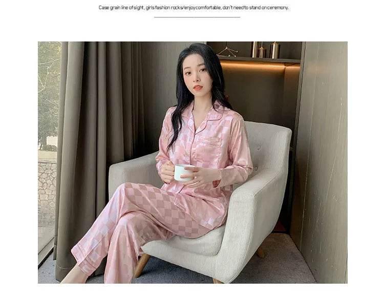 Plus Size Women Pajamas Set Long Sleeves Girl Home Wear Two-Piece Cardigan Solid Plaid Sleepwear Sexy Nightwear Autumn Winter - Empire P.E