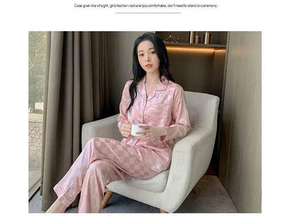 Plus Size Women Pajamas Set Long Sleeves Girl Home Wear Two-Piece Cardigan Solid Plaid Sleepwear Sexy Nightwear Autumn Winter - Empire P.E
