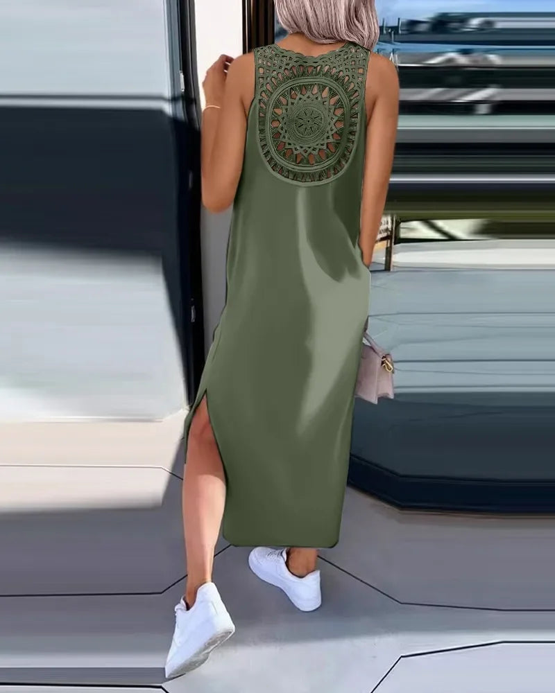 Hollow Out Solid Long Dress Women Fashion Sleeveless - Empire P.E